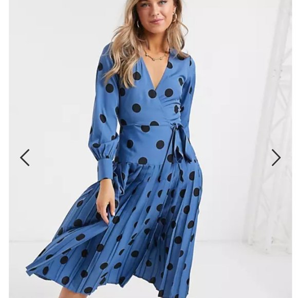 Blue Wrap Dress with Black Polka Dots, Pleated and Tie Waist US26 - Picture 1 of 4